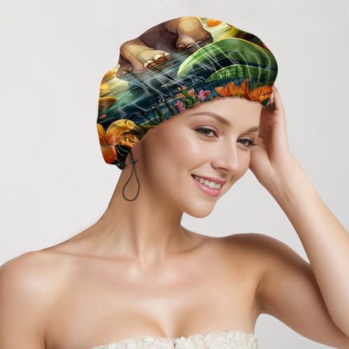2 PCS Shower Cap Reusable Waterproof Adjustable Double Layer Elastic Dry Hair Bathing Caps Aesthetic Cute for Women Girls-Elephant Cat - color: H-6-Elephant Cat