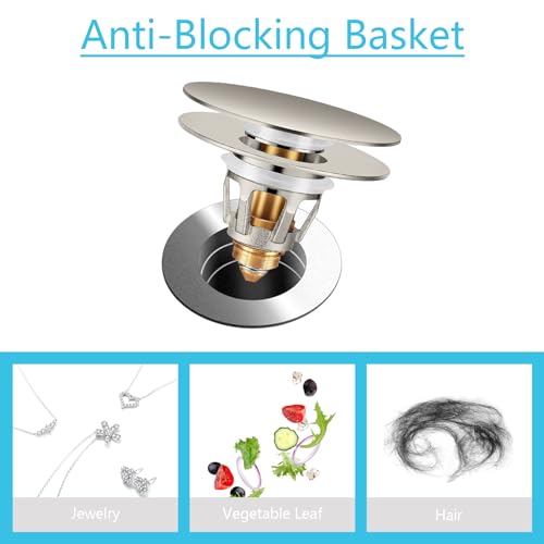 Universal Bathroom Sink Stopper in Brass, 1.04-1.97 Inch Pop Up Basin Sink Drain Stopper, Sink Drain Strainer with Anti Clogging Filter Hair Catcher, Large Lid Brushed Nickel - color: Brushed Nickel 1.04-1.97" Large Lid Single Piece