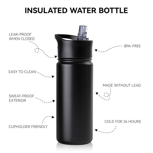 16 oz Insulated Water Bottle Bulk 4 Pack, Straw & Spout Lid, Keep Cold 24H, Spill Proof, BPA-Free, Double Wall, Stainless Steel Kids Water Bottles for School, Sports, Black - color: Black, size: 16 Ounces-4