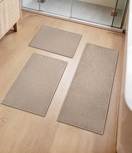 YIHOUSE Bathroom Rugs Sets 3 Piece Beige, 16x24+16x32+16x47in | Non Slip, Quick Dry, Absorbent Washable, Thin Fit Under Door, For Elder, Sink, Laundry - color: Beige, size: 16x24+16x32+16x47