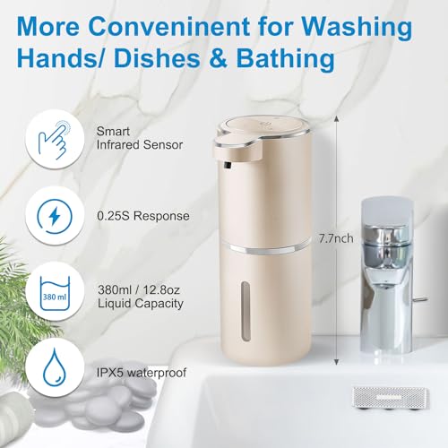 Automatic Foaming Soap Dispenser,4-Level Adjustable Foam, Wall Mount,USB Rechargeable,12.8oz/ 380ml,Touchless Hand & Dish Soap Dispenser for Bathroom, Kitchen,Hotel, Restaurant - color: Champagne Gold