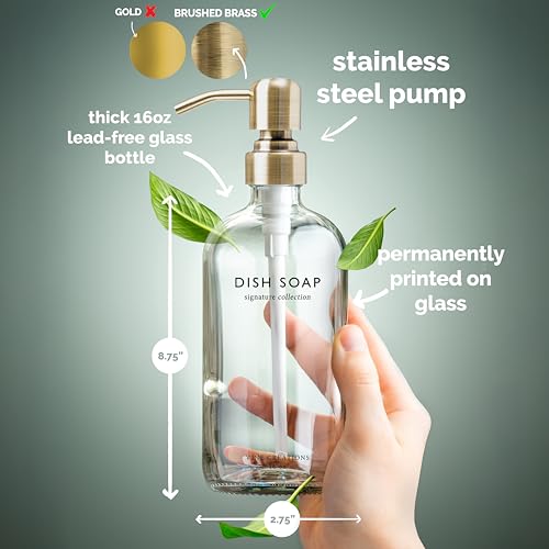 Vine Creations Clear Glass Soap Dispenser Set, Dish Soap and Hand Soap Dispenser Set with Stainless Steel Pump, 16 oz Glass Dispensers for Kitchen Bathroom Decor (Clear Bottle/Brushed Brass Pump) - color: Clear Bottle / Brushed Brass Pump