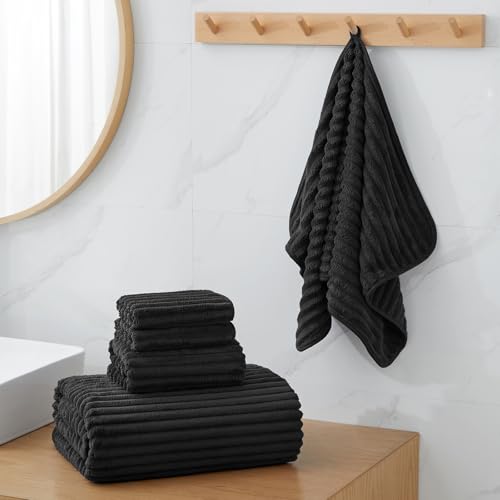 6-Piece Bath Towel Set(30"x60"), 2 Large Bath Towel Sheets, 2 Hand Towels and 2 Washcloths - Highly Absorbent Quick Dry Microfiber,Ultra Soft Towel Set for Bathroom (Black) - color: Black, size: 30x60 Bath Towel Set of 6