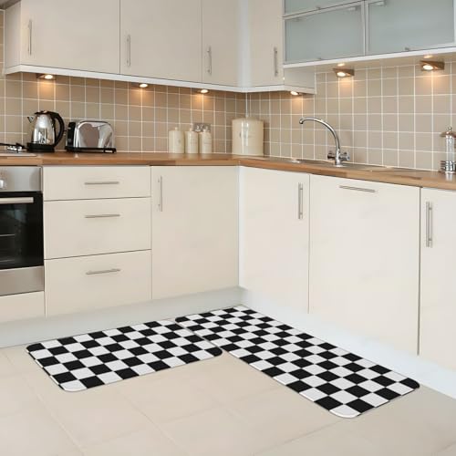 Black and White Checkered Kitchen Rugs Microfiber Floor Mats Checkerboard Cushioned Carpet Runner Rug for Laundry Bathroom Living Room, 2 Piece Set 17"X 47" + 17"X 30" - color: Black and White Checkered