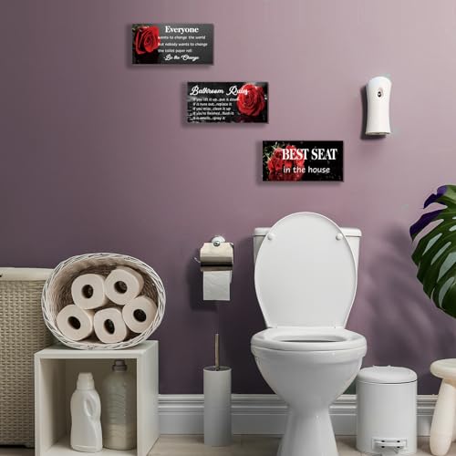 DONFENTHY 3 Pcs Red Bathroom Rules Decor Rustic Farmhouse Wooden Best Seat in The House Rose Hanging Wall Art Toilet Bathroom Accessories(Red 10x5") - color: Red