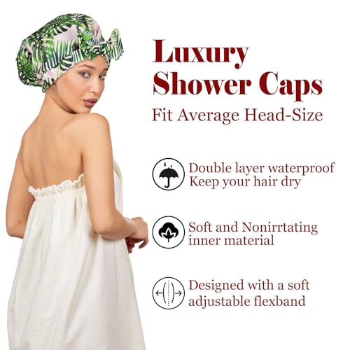 Luvruitaky Shower Cap Luxury Shower Caps for Women Reusable Waterproof Hair Cap for Shower with Adjustable Bowknot Hair Bath Cap (Green Palm) - color: Green Palm