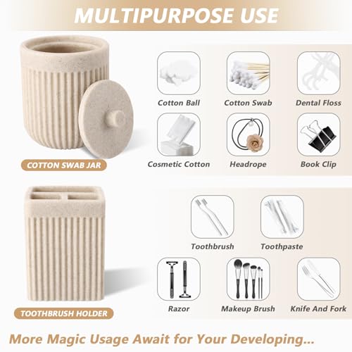 XLHOMO Resin Beige Bathroom Accessories Set 5 Pcs, Lotion Soap Dispenser, Toothbrush Holder, Bathroom Tumbler, Qtip Holder and Vanity Tray, Bathroom Countertop Organizer Set for Modern Home Apartment - color: Beige, size: Resin Bath Set