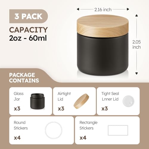 2 oz Matt Black Glass Jars with Lids, 3 Pack Small Glass Containers with Plastic Woodgrain Lids & Inner Liners, Empty Reusable Airtight Cosmetic Containers for Tea, Coffee, Creams, Lotion, Spice - color: Black