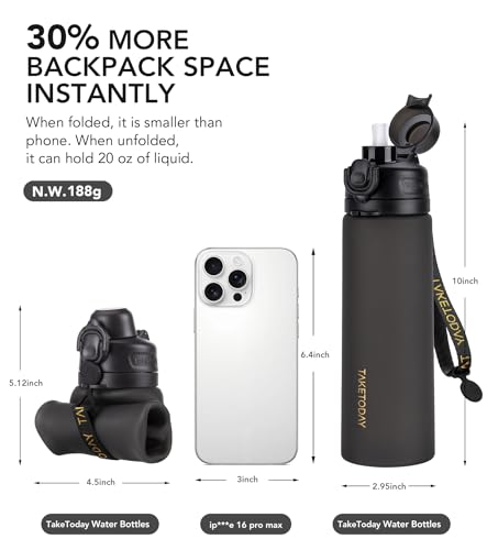 TakeToday Collapsible Water Bottles 21oz (600mL), Foldable Platinum Silicone Travel Water Bottle with Straw & Carry Strap, Leak-Resistant Screw Lid, Wide Mouth, BPA-Free for Hiking, Camping, Travel - color: Ocean Breeze