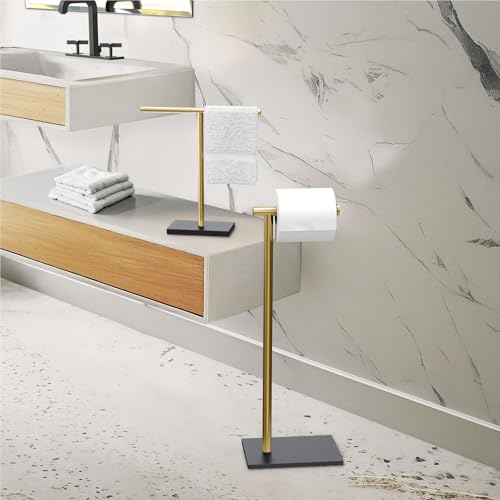 Modern Toilet Paper Holder and Vanity Towel Holder Set, Brushed Brass/Matte Black Freestanding Tissue Holder, Gatco Luxury Bathroom Housewarming Gift - color: Brushed Brass/Matte Black