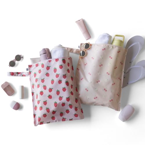 Tiny Twinkle Mess Proof Wet Bags | 2-Pack Reusable Waterproof Wet Bags for Swimsuits | Baby Clothes | Travel & Diaper Bag (Cherry Coquette,Strawberries) - color: Cherry Coquette,Strawberries, size: 2 Pack