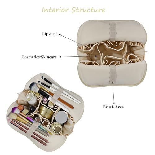 Travel Makeup Bag for Women, Waterproof Stand Up Cosmetic Bag with Brush Holders, Organizer Bag with Compartments, Fold-Down Design for Skincare, Toiletries & Essentials (Beige, Medium) - color: Beige, size: Medium