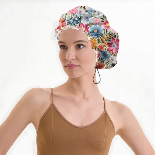 Luxury Shower Cap Satin Lined Reusable Waterproof Double Layer Elastic Adjustable Hair Bath Cap Cute Aesthetic Women Girls-Flowers - color: F12-Flowers