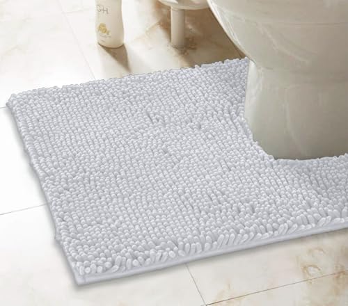 LuxUrux U-Shaped Toilet Bath Mat – Super Absorbent & Non-Slip Contoured Rug for Around Toilet, Soft Chenille, Machine Washable (20” x 23”, White) - color: White, size: 23'' x 20'' U