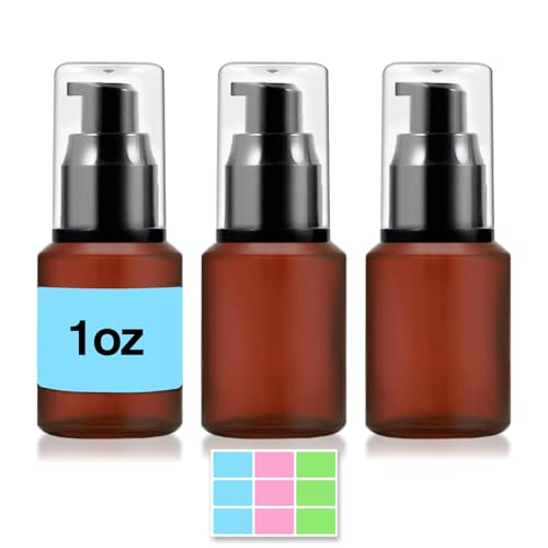 3PCS 30ML/1OZ Empty Reddish Brown Frosted Glass Bottles with Pump Refillable Vial Cosmetic Dispenser Jars Storage Travel Lotion Container Portable Sample Bottle for Toiletries,Foundation,Cream,Lotion - color: Reddish Brown, size: 1 Ounce
