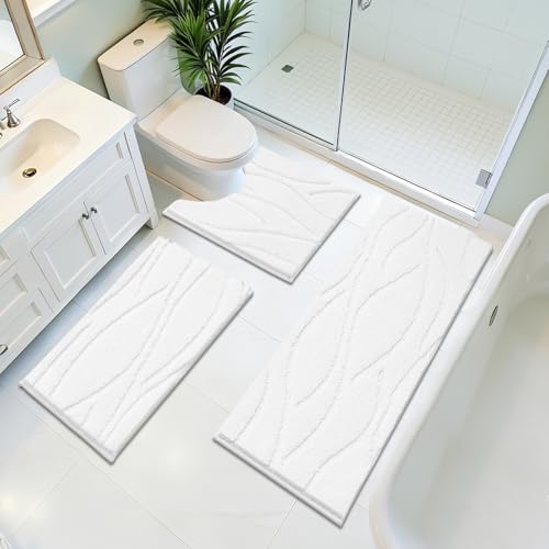 Bsmathom Bathroom Rugs Sets 3 Piece, Soft Non Slip Microfiber Bath Mat and U-Shaped Contour Toilet Rug, Machine Washable Absorbent Shaggy Bathroom Set, White - color: White