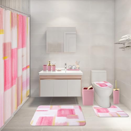 XLHOMO Bathroom Set - Pink and Gold Bathroom Accessories Set, Bathroom Sets with Shower Curtain and Rugs, Pink Shower Curtain Set with Bathroom Trash Can, Soap Dispenser, Soap Dish for Home Decor - color: Plaid Pink & Gold, size: Complete Set + Bath Rugs