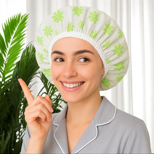 2Pcs Waterproof Shower Cap Set, Elastic Band, Reusable EVA Bathing Caps, Ideal for Long Hair & Various Hairstyles Protection,Green+Red Snowflake