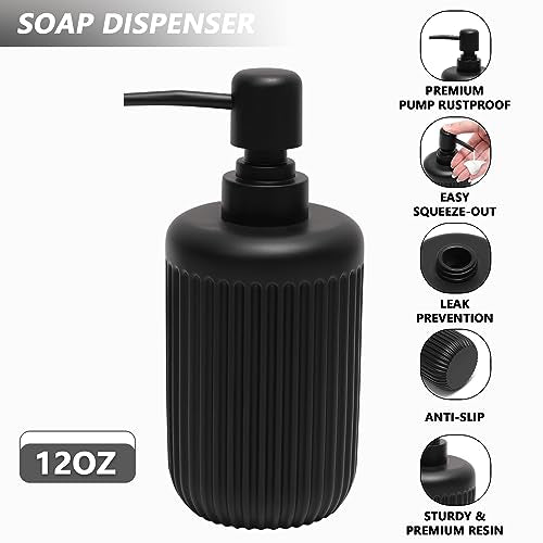 XLHOMO Resin Matte Black Bathroom Accessories Set 5 Pcs, Lotion Soap Dispenser, Toothbrush Holder, Bathroom Tumbler, Qtip Holder and Vanity Tray, Bathroom Countertop Organizer Set for Home Apartment - color: Black, size: Resin Bath Set
