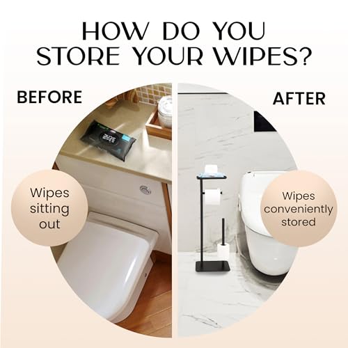 Day Moon™ - Toilet Paper Holder - Modern Roll Holder for Bathroom - 1 Pack - Free Standing - with Shelf, Black - color: Matte Black