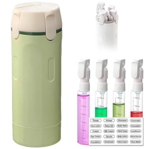 4 in 1 Travel Pump Dispenser Bottle, 30ML 4 Pack Leak-Proof Pump Containers with Measurement Scale & Label Stickers, Portable Bottles for Toiletries, Shower & Travel Use (Green)