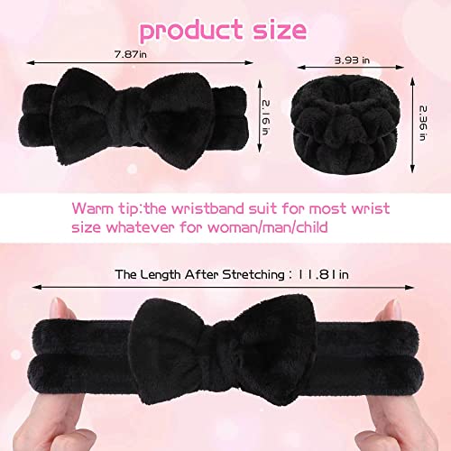 WSYUB Makeup Headbands, 1pcs Black Spa Headband Fluffy Bow Tie Headband Microfiber Face, and 2Pcs Wrist Spa Wash Band Absorbent Wristbands, for Washing Face Skin Care - color: Black