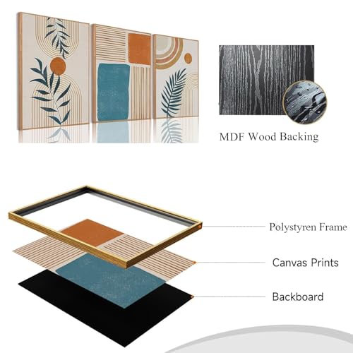 Bwodke Boho Wall Art, Framed Abstract Wall Art, Botanical Neutral Canvas Wall Decor, Large Mid Century Plant Pictures Set of 3, Modern Minimalist Paintings for Bedroom Living Room Bathroom - color: Boho Blue, size: 16"x24"Natural