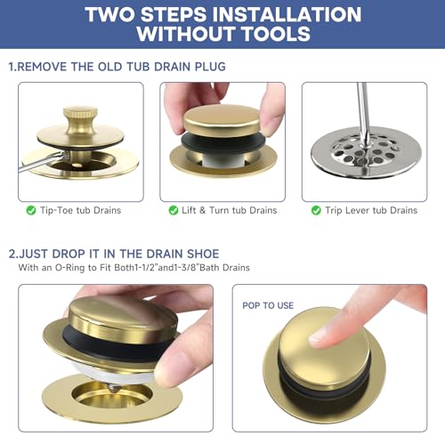 Brushed Gold Upgraded Tip Toe Tub Stopper, Universal Pop Up Bathtub Drains Plug, Bathroom Bath Tub Drain Stoppers, Replaces Lift and Turn, Tip-Toe and Trip Lever drains for Tub, Easy Install - color: Brushed Gold