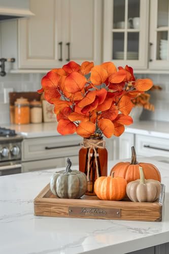Briful Artificial Eucalyptus Stems in Amber Glass Vase with Faux Water, 14" Fake Fall Plant Autumn Eucalyptus Leaves for Home Farmhouse Wedding Centerpiece Bathroom Décor - color: Orangered