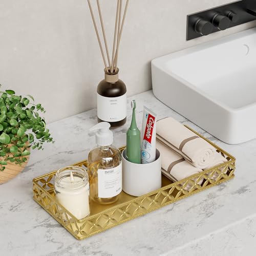 Bathroom Vanity Tray for Countertop - 11" x 4.9" Gold Decorative Tray | Small Metal Rectangle Tray, Non-Slip Bathroom Counter Tray, Bathroom Organizer for Perfume Makeup Cosmetic Jewelry Soap - color: Rectangle Floral-gold