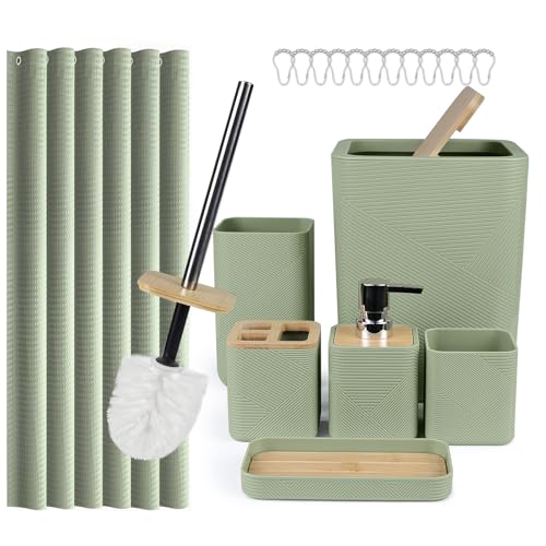 CERBIOR Bathroom Accessory Set with Shower Curtain, Includes Shower Curtain,Soap Dispenser, Toothbrush Holder, Toothbrush Cup, Soap Dish for Decorative Countertop and Housewarming Gift,Green,20PC - size: Bath Set+Shower Curtain, style: Green