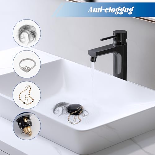 Hibbent All Metal 2 in 1 Bathroom Sink Stopper, Universal Pop Up Drain Strainer, Brass Bullet Core Push Type Sink Stopper for 1.1''~2.3'' Basin, Big Push Button, Anti Clogging Filter, Matte Black - color: Matte Black