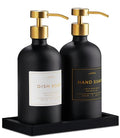 Glass Soap Dispenser Set of 2 (Black) with Silicone Tray | Hand and Dish Soap Dispenser for Kitchen and Bathroom | 16.8 Oz Glass Bottles with Stainless Steel Pump & 15 Waterproof Labels (Black/Gold) - color: Black/Gold