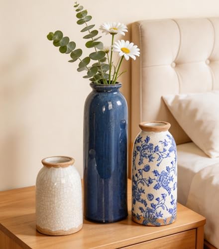 Vintage Ceramic Vase Set of 3, Blue and White Small Flower Vase Chinoiserie Rustic Modern Farmhouse Centerpiece Decorative Vases for Table Entryway Bookshelf Living Room Kitchen Home Decor - color: Vintage- Blue