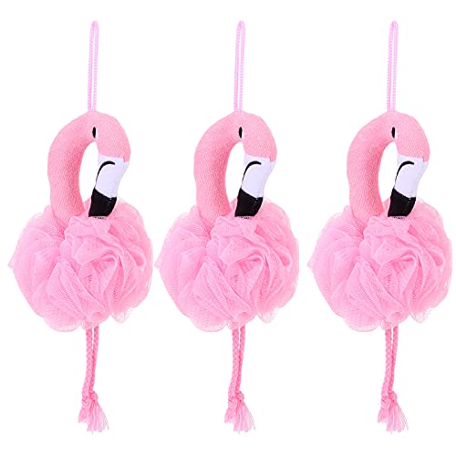 Beaupretty Flamingo Bath Balls for Kids 3-Pack Cartoon Bath Flowers Soft Shower Sponges Gentle Skin Massage Home Tool 10.23X4.72X3.54In