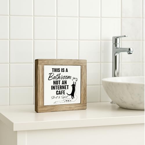 Bathroom Wooden Box Sign, This Is A Bathroom Not an Internet Cafe, Funny Toilet Decor Sign, Rustic Farmhouse Restrooms Wood Signs, Square Wood Block Signs Table Decor 5.9×5.9 inch - color: color37