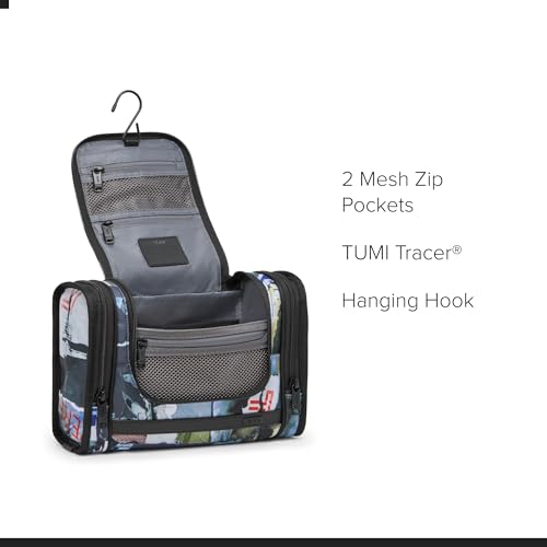 TUMI - Alpha Hanging Travel Kit - Toiletries and Cosmetics Organizer - Travel Essentials Bag with Hooks & Pockets - Wheatpaste Print - color: Blue/Black/White