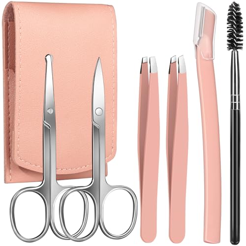 FANDAMEI Eyebrow Kit with Leather Case - Eyebrow Scissors, Tweezers, Razor, Brush for Women & Men - Facial Hair & Ingrown Hair Removal - color: Pink