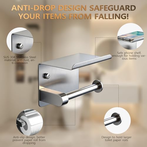 Toilet Paper Holder with Phone Shelf, Adhesive or Screw Wall Mount Toilet Tissue Roll Holder with 5 Stainless Hook,Rustproof and Bathroom Washroom Tissue Roll Holder with Storage Shelf - Silver