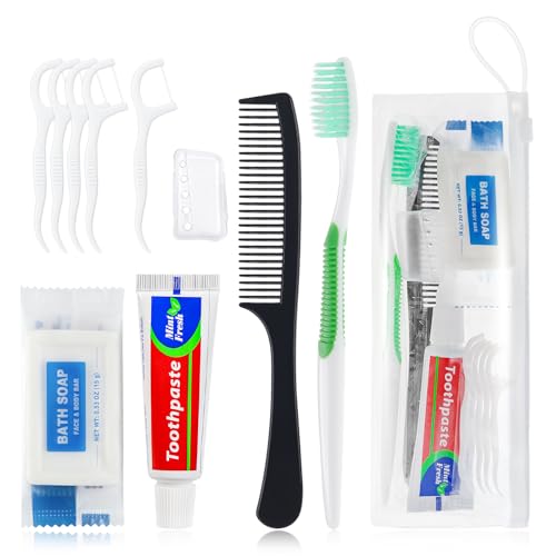 5 Set Personal Care Travel Toiletries Sets Bulk,7-in-1 Disposable Toothbrushes with Toothpaste and Floss,Comb,Soap,Cover,Zip Bag Toiletry Travel Toothbrush Kit for Homeless,Hotel,Charity