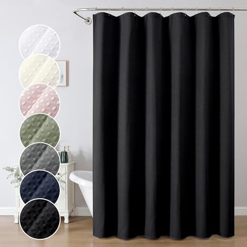 OWENIE Black Shower Curtain 96 Inch Extra Long, Waffle Weave Textured Fabric Bathroom Curtains, Water Repellent Thick Soft Hotel Spa Luxury Elegant Bath Curtain, Machine Washable, Black, 72x96 Inch - color: Black, size: 72"W x 96"L (Pack of 1)