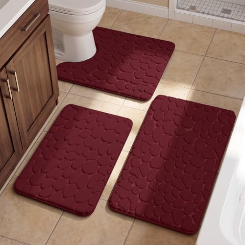 YIHOUSE Bathroom Rugs Mat Set, Memory Foam Bath Mat 3 Piece Red | U Shape+Small Mat, Non Slip, Water Absorbent, Washable, Bath Mat For Bathroom, Sink and Toilet - color: Dark Red, size: 2'8" x 1'8" (Rectangular)