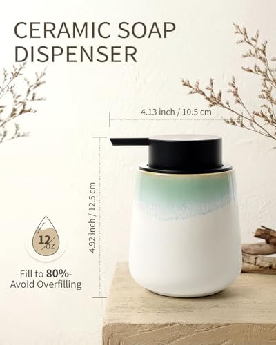 BosilunLife Hand Soap Dispenser - Ceramic Dish Soap Dispenser for Bathroom 12ounce Refillable Liquid Hand Wash Dispenser for Essential Oil, Lotion Soap, White with Blue-Green Rim - color: White With Blue-green Rim