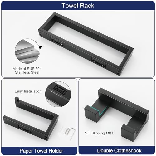 3 Pieces Matte Black Bathroom Hardware Accessories Set,SUS304 Stainless Steel Towel Holder Set Towel Holder Robe Hook Toilet Paper Holder Wall Mounted - color: Matte Black