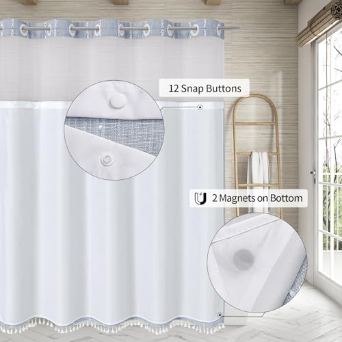 MitoVilla No Hooks Needed Farmhouse Shower Curtain with Snap-in Liner - with Window & Magnets, Boho Cotton Linen Fabric Shower Curtains with Tassels for Rustic Bathroom Decor, Blue, 72 x 74 - color: Blue - Win