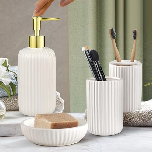 White Bathroom Accessories Set, 4PC Ceramic Bathroom Sets Complete-Toothbrush Holders, Soap Dispenser, Soap Dish, Toothbrush Cup, Modern White Gold Bathroom Decor, Bathroom Organizer for Countertop - size: GWhite-4pcs