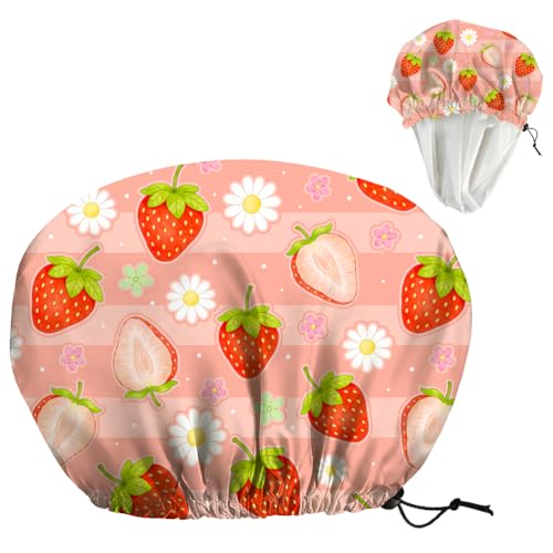 Strawberries Reusable Shower Cap Cute Fruit Double Layer Waterproof Shower Caps Large Elastic Hair Cover Adjustable Hair - Drying Caps for Woman Bath SPA Travel One Size Fits Most - color: Strawberries
