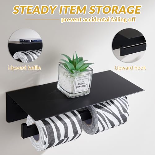 APLusee Matte Black Double Toilet Paper Holder with Shelf, 304 Stainless Steel Bathroom Tissue Roll Holder, Commercial Paper Dispenser Wall Mounted - color: Matte Black, size: Double Rod