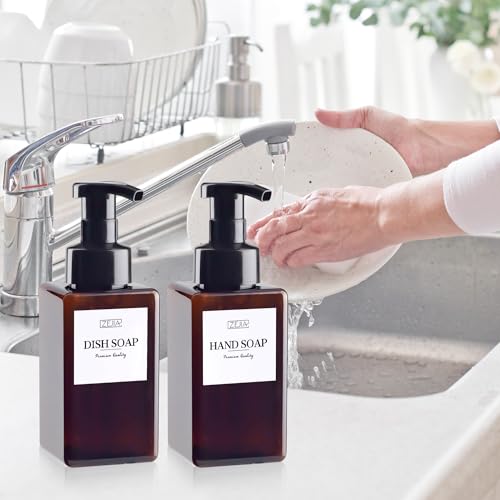 15OZ Foaming Soap Dispenser, 2-Pack Plastic Hand Soap Dispenser, Refillable Leakproof Foam Pump Bottle with Waterproof Labels, for Shampoo, Body Wash - color: Brown, size: 450ML