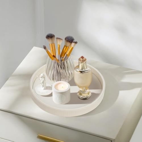 HofferRuffer Round Decorative Tray, Faux Leather Vanity Tray Decor, Decorative Catchall for Perfume, Bathroom Valet, Nightstand or Dresser (Creamwhite Stripe, Round-12" x 12" x 1.6") - color: Creamwhite Stripe